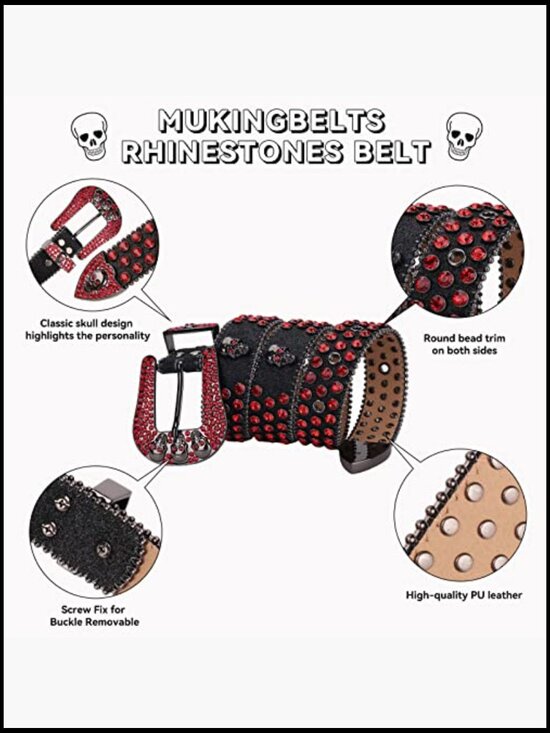 PU Leather Rhinestone Belt with Skull Buckle, Western Fashion main image 4